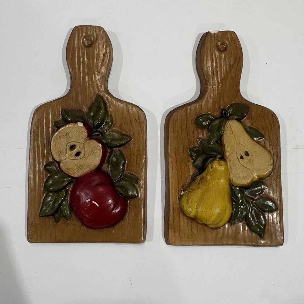 Vintage 70s Wall Plaque Set of 2 Cutting Boards with Fruit Design Apple Pear MCM